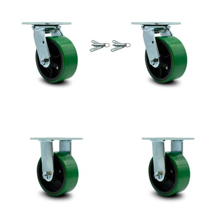 Service Caster 5 Inch Green Poly on Steel Caster Set with Roller Bearings 2 Swivel Lock 2 Rigid SCC-30CS520-PUR-GB-BSL-2-R-2